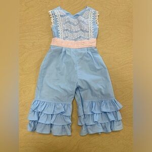 Vintage Blue 18 Month Lace Romper with Frilly Pant Legs & Pink Accents